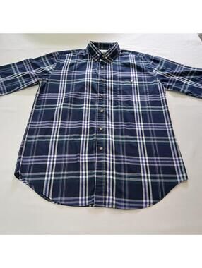 Saddlebrook Button-Down Collar Men's Blue & White Plaid Shirt Short Sleeve M